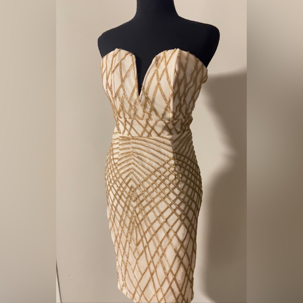 Gold Sequined Strapless Cocktail Dress